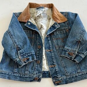 Blue Jean Jacket with Brown Corduroy Collar and Contrast Stitching - EUC